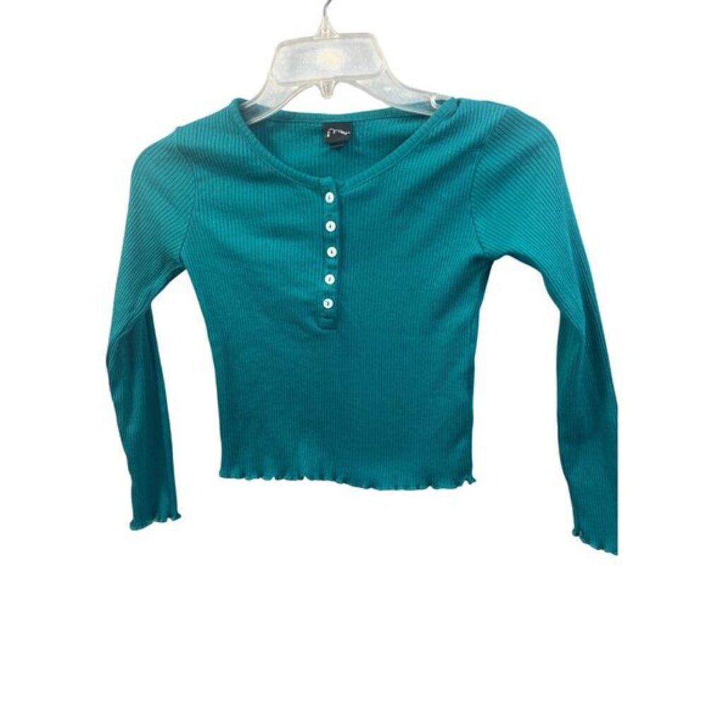 Class Club Girls Teal Ribbed‎ Long Sleeve Top Button Up Crop Top